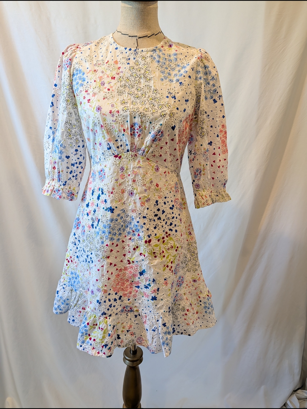 Nobody's Child Floral Eyelet Dress Multi Color Wildflower Ruffle Hem Puff Sleeve